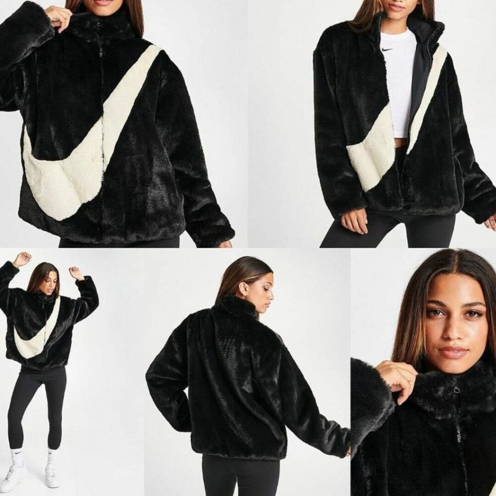 NIKE Faux Fur Plush Swoosh Teddy JACKET Size L Oversized Black Fossil Logo NEW - Picture 2 of 12